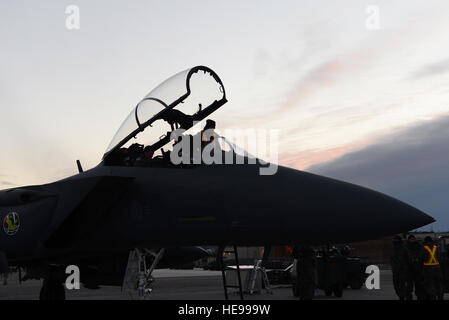 Ein Wartungsflugzeug der Republik Korea bereitet das Cockpit eines F-15K Slam Eagle während der RED FLAG-Alaska 17-1 auf der Eielson Air Force Base vor, um das Personal für die Aufrechterhaltung der Großstreitkräfte zu Schulen. Stockfoto