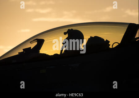 Ein US-Air Force f-16 Fighting Falcon "Triple Nickel" Flugzeug Pilot 555. Expeditionary Kämpfer-Geschwader von Aviano Air Base, Italien zugewiesen, wartet als Flieger aus dem 455. Expeditionary Aircraft Maintenance Squadron eine Endkontrolle der Flugzeuge Waffen vor dem Start auf einen Kampf gegen Ausfall von Bagram Air Field, Afghanistan, 14. Juli 2015 abzuschließen. Die f-16 ist ein multi-Role Kampfflugzeug, das ist sehr wendig und hat sich bewährt im Luft-Luft- und Luft-Boden-Kampf. Mitglieder der Triple Nickel werden zur Unterstützung der Operation Freedom Sentinel und NATO entschlossene S eingesetzt. Stockfoto