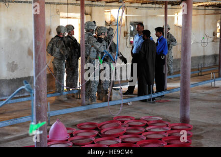 US-Soldaten aus Sicherheitsabteilung, 25. spezielle Truppen Bataillon, 25. Infanterie-Division und irakische Polizisten aus Sequor Polizeistation sprechen mit einem Huhn Hofbesitzer während einer Mikro-Grant-Projekt-Umfrage zu seinen Bedürfnissen für das Geschäft, produktiv zu machen in der Nähe von Tikrit, Irak, 27. August zu beurteilen. Stockfoto