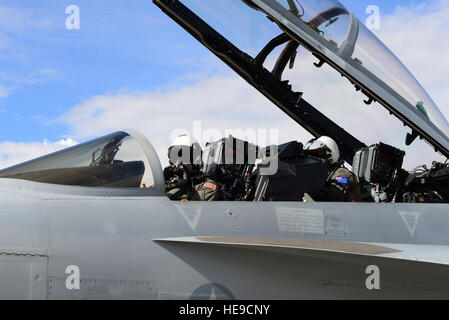 U.S. Navy Lt. Samuel Deedy, ein Pilot zugewiesen, Electronic Attack Squadron (VAQ) 135, Naval Air Station (NAS) Whidbey Island, Washington, kommuniziert mit Besatzungsmitglieder durch seine Maske im EA - 18G Growler Flugzeug zusammen mit der Royal Australian Air Force (RAAF) Flt. Lt. Conrad Stalling, EloKa Offizier zugewiesen RAAF Base Williamtown, New-South.Wales, befestigt auf VAQ-135, NAS Whidbey Island , Washington, 16. August 2016, während rote Fahne-Alaska 16-3, Eielson Air Force Base, Alaska. Deedy erhielt seinen Pilotenschein von Palmer, Alaska mehr als neun Jahre vor und sagte fliegen die EA - 18G Stockfoto