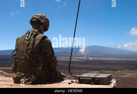 Kanadische Armee Bdr. Brad Wilson, erste königliche kanadische Pferd Artillerie vorwärts Beobachter signalier, beobachtet Artillerie Auswirkungen auf ein Zielgebiet im Brandfall Übung im Rahmen der Rand des Pazifik (RIMPAC) Übung 25. Juli 2014 auf dem Truppenübungsplatz Pohakuloa, Hawaii zu unterstützen. Service-Mitglieder der US Marines, australische Armee, Neuseeland Armee und der kanadischen Armee zusammengearbeitet, während der Übung zu koordinieren, die Antenne und Mörserangriffen während des Szenarios. Zweiundzwanzig Nationen, 49 Schiffe und sechs u-Boote, mehr als 200 Flugzeugen und 25.000 Mitarbeiter beteiligen sich an RIMPAC vom 26. Juni Stockfoto