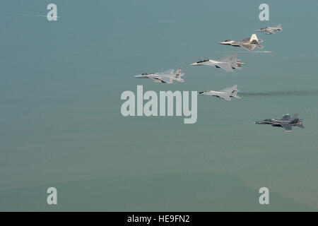 Eine Formation der US Air Force und Royal Malaysian Air Force Flugzeuge einschließlich einer f-15 Eagle aus der 131. Fighter Squadron, 104. Fighter Wing, Barnes Air National Guard Base, Massachusetts, eine RMAF SU-30MKM Flanker, ein USAF F-22 Raptor der 154. Flügel, gemeinsame Basis Pearl Harbor-Hickam, Hawaii, ein RMAF MIG-29N Fulcrum, eine BAE Hawk und einer RMAF F/A-18 Hornet fliegen die Küste von Penang , Malaysia, während Cope Taufan 14, 18. Juni 2014. Cope Taufan ist eine alle zwei Jahre große Kraft Beschäftigung Übung statt Juni 9 bis 20 zur Verbesserung der USA und Malaysia kombiniert Bereitschaft.  Techn. Sgt Jason Roberts Stockfoto