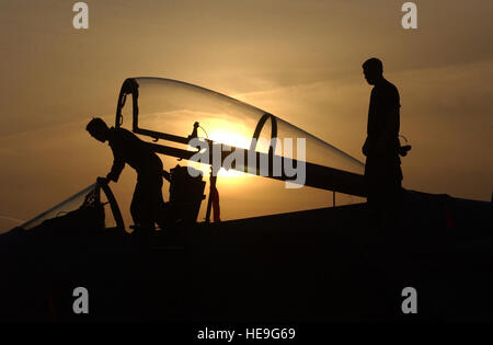 GWAILOR AIR FORCE STATION, Indien--Crewchief Staff Sgt Jason Carlson (rechts) wartet auf Kapitän Grant Lewis zu beenden, so dass er seine f-15 Eagle für den Abend ins Bett bringen kann.  Sergeant Carlson und Captain Lewis, zusammen mit 140 Flieger von Elmendorf Air Force Base, Alaska, sind Cope Indien 04 hier beteiligt.  Cope Indien ist eine bilaterale Luftverkehrsabkommen ungleichen Kampf Übung.  Sergeant Carlson die 19. Aircraft Maintenance Unit zugeordnet ist, und Kapitän Grant ist der 19. Jagdstaffel zugewiesen.   Techn. Sgt. Keith Brown) Stockfoto