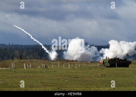 Ein US-Armee Stryker, 2nd Stryker Brigade Combat Team zugewiesen, 2nd Infantry Division bietet Overwatch während eine kombinierte Waffen Leben Feuer Übung am Joint Base Lewis-McChord, Wash., 4. April 2016. Die CALFEX inklusive Artillerie, Stryker, AH-64 Apache-Hubschrauber und Infanterie auseinandergenommen. Stockfoto