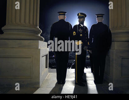 Ein Mitglied der Army Honor Guard scannt das Gebiet während des ehemaligen US-Präsidenten Gerald Ford, erfolgt die Ost-Stufen, die der US-Houe der Vertreter des US-Kapitols in Washington 30. Dezember 2006. Abt. der Verteidigung Staff Sgt D. Myles Cullen (freigegeben) Stockfoto