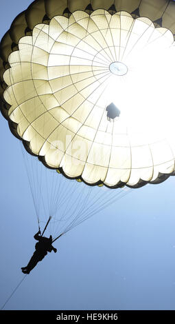 Ein Fallschirmjäger steigt auf der Iron Mike Drop-Zone 8. Juni 2014, außerhalb St. Mere Eglise, Frankreich, während das 70. Jubiläum des d-Day. Mehr als 700 Static-Line-Fallschirmjäger sprangen in der Drop-Zone aus 14 verschiedenen Flugzeugen von Nationen auf der ganzen Welt. Airman 1st Class Dillon Johnston) Stockfoto