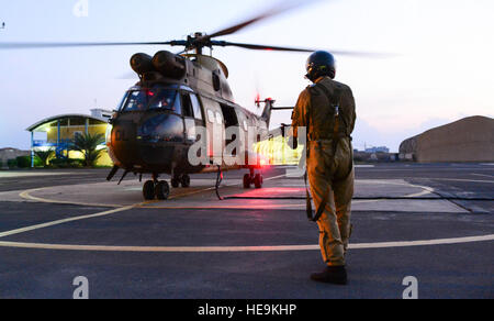 Eine französische Armee Crewchief bereitet einen SA330 Puma-Hubschrauber für die französischen Desert Combat Training und Verhärtung Center, Dschibuti, 6. März 2013 bestimmt. Die 5. französische Marine Regiment lud die Mitglieder des kombiniert Joint Task Force-Horn von Afrika zur Teilnahme an der Desert Combat Lehrgang zur Stärkung die Partnerschaft zwischen den militärischen Verbündeten.  Airman 1st Class Nicholas Byers Stockfoto