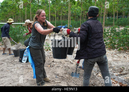 US Army Staff Sgt Samantha Brenneman, Defense POW/MIA Accounting Agentur (DPAA) Erholung Unteroffizier, ergänzt bewegt Eimer gefüllt mit ausgehobene Erde mit den örtlichen Arbeitnehmern bei einer Ausgrabung Website Tay Ninh Provinz, Vietnam, 17. März 2016. Brenneman ist Spezialist Leichenhalle Angelegenheiten zugewiesen, die 2. Brigade Brigade Unterstützungsbataillon, 2nd Stryker Brigade Combat Team, 2. US-Infanteriedivision stationiert am Joint Base Lewis-McChord, Wash Sie ist Teil eines spezialisierten Teams bereitgestellt durch DPAA auf der Suche nach zwei Service-Mitglieder im Jahr 1967 bei einem Flugzeugabsturz l-19 verloren. Die DPAA Mission ist es, prov Stockfoto