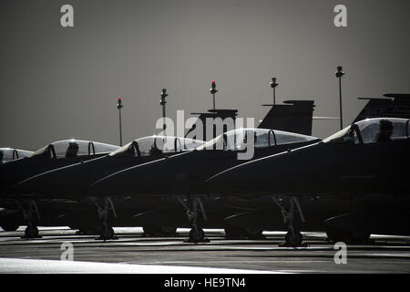 Ein Theater-Sicherheitspaket von F - 15C Adler, 159. Expeditionary Kämpfer-Geschwader zugewiesen parkt an der Flightline auf Leeuwarden Air Base, Niederlande, 1. April 2015. Die f-15 s von Florida und Oregon Air National Guard werden eingesetzt, als die ersten nach Europa immer ANG TSP hier. Diese f-15 wird Ausbildung neben unseren NATO-Verbündeten, um Interoperabilität zu stärken und US-Engagement für die Sicherheit und Stabilität in Europa durchführen.  Staff Sgt. Ryan Crane) Stockfoto