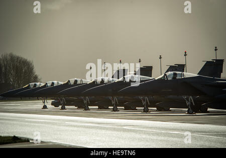 Ein Theater-Sicherheitspaket von F - 15C Adler, 159. Expeditionary Kämpfer-Geschwader zugewiesen parkt an der Flightline auf Leeuwarden Air Base, Niederlande, 1. April 2015. Die f-15 s von Florida und Oregon Air National Guard werden eingesetzt, als die ersten nach Europa immer ANG TSP hier. Diese f-15 wird Ausbildung neben unseren NATO-Verbündeten, um Interoperabilität zu stärken und US-Engagement für die Sicherheit und Stabilität in Europa durchführen.  Staff Sgt. Ryan Crane) Stockfoto