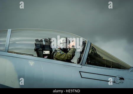 Eine F - 15C Eagle-Pilot, 159. Expeditionary Kämpfer-Geschwader zugewiesen taxis sein Flugzeug in Position auf Leeuwarden Air Base, Niederlande, 1. April 2015. Die f-15 s von Florida und Oregon Air National Guard werden eingesetzt, als die ersten nach Europa immer ANG Theater Sicherheits-Paket hier. Diese f-15 wird Ausbildung neben unseren NATO-Verbündeten, um Interoperabilität zu stärken und US-Engagement für die Sicherheit und Stabilität in Europa durchführen.  Staff Sgt. Ryan Crane) Stockfoto