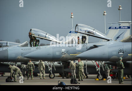 Piloten, die 159. Expeditionary Kämpfer-Geschwader zugewiesen beenden ihre Adler F - 15C nach der Landung in Leeuwarden Air Base, Niederlande, 1. April 2015. Die f-15 s von Florida und Oregon Air National Guard werden eingesetzt, als die ersten nach Europa immer ANG Theater Sicherheits-Paket hier. Diese f-15 wird Ausbildung neben unseren NATO-Verbündeten, um Interoperabilität zu stärken und US-Engagement für die Sicherheit und Stabilität in Europa durchführen.  Staff Sgt. Ryan Crane) Stockfoto