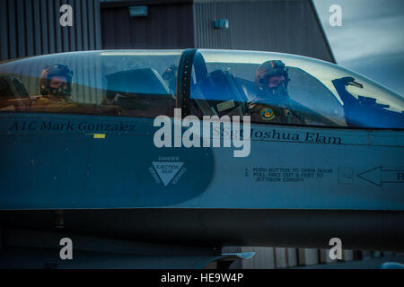 Eine f-16 Fighting Falcon Pilot und Ausbilder warten auf dem Laufsteg in Holloman Air Force Base, N.M. 13. Mai 2015 aus dem Taxi. F-16 Schüler und Lehrer-Piloten aus der 311. Fighter Squadron, durchführen derzeit als Teil ihres Lehrplans Nachteinsätze. Die Operationen sind bis 12 Juni los und sind entworfen, um Studenten mit Nacht vertraut machen Vision Goggles und Nacht Kampfeinsätze.  Airman 1st Class Emily A. Kenney Stockfoto