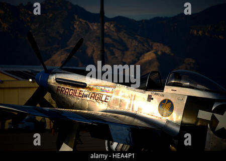 Die p-51 Mustang "Zerbrechlich, aber Agile" sitzt auf der Flightline nach dem ersten Tag des 2016 Heritage Flight Training und Zertifizierungskurs an Davis-Monthan Air Force Base, Arizona, 4. März 2016. Während des Kurses Besatzungen üben Boden und Flug Training damit Zivilpiloten historische Militärflugzeuge und US Air Force Piloten der aktuellen Kampfflugzeuge sicher fliegen in Formationen zusammen.  Senior Airman Chris Drzazgowski Stockfoto