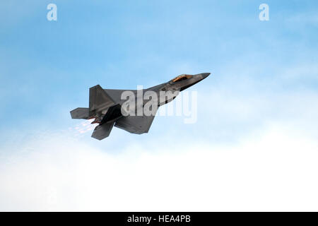 Ein US-Air Force f-22 Raptor führt während der 2016 Heritage Flight Training und Zertifizierungskurs an Davis-Monthan Air Force Base, Arizona, 5. März 2016. Die Raptor führt Luft/Luft- und Luft-Boden-Missionen ermöglicht die volle Verwirklichung der Betriebskonzepte entscheidend für das 21. Jahrhundert Luftwaffe.  Senior Airman Chris Drzazgowski Stockfoto