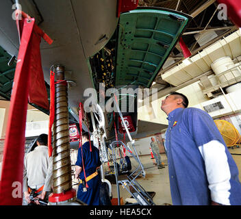 Genshiro aufnehmen, Kyushu Japan Handelskammer und Industrie-Jugendabteilung Präsident, sieht in einem 67th Fighter Squadron F - 15C Eagle Kampfjet-Panel während einer Tour auf Kadena Air Base, Japan, 17. März 2015. Acht ehrenamtliche Kommandanten konnten tour 18. Pflegegruppe Einrichtungen und die f-15 und der HH - 60 G Pave Hawk-Hubschrauber zu sehen.  Naoto Anazawa) Stockfoto