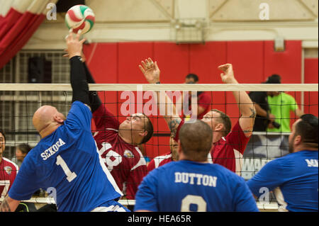 Luftwaffe und Marine Corps Athleten nehmen an Volleyball während der 2014 Krieger Spiele, Colorado Springs, Colorado, Sept. 29 sitzen. Die Krieger Spiele besteht aus Athleten aus in das Department Of Defense, die im Paralympischen Stil Events für ihre jeweiligen militärischen Zweig. Das Ziel der Spiele ist, markieren Sie das unbegrenzte Potenzial der Krieger durch Leistungssport zu helfen.  Staff Sgt Stephany Richards / veröffentlicht) Stockfoto