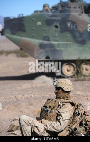 U.S. Marine Corps Jeremy Philson, 1. Bataillon, 4. Marine Regiment, vom Camp Pendleton, Kalifornien, wartet auf eine defensive Position 10. Februar 2015, während integrierte Übung 2-15 im Marine Corps Air Ground Combat Center (MCAGCC) Twentynine Palms, Kalifornien MCAGCC relevanten Leben Feuer kombinierte Waffen training, führt urbane Operationen und Gelenk/Koalition Integration Ebene Training, das fördert die operativen Kräfte Bereitschaft.  Techn. Sgt. Daniel St. Pierre Stockfoto