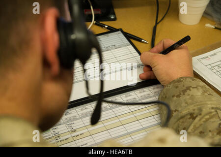 US Marine Corps Captain Matthew Riley, nach vorne Luft Controller, 1. Bataillon, 4. Marines, Charlie Company, Camp Pendleton, Kalifornien, bereitet ein Schlacht-Brett während der Teilnahme an einer kombinierten Waffen Simulation Trainer Veranstaltung während integrierte Übung 2-15 im Marine Corps Air Boden bekämpfen Center Twentynine Palms (MCAGCC), Kalifornien, 29. Januar 2015. MCAGCC führt relevant Leben Feuer kombinierte Waffen training, urbane Operationen und Joint/Koalition Integration Ebene Training, das fördert die operativen Kräfte Bereitschaft.  Techn. Sgt. Matthew Smith Stockfoto