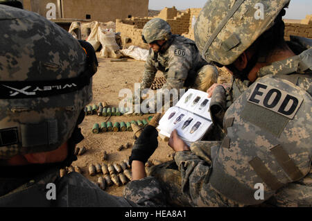 Piloten der US Air Force 506. Expeditionary Tiefbau Squadron/Explosive Verordnung Loslösung zu identifizieren und melden Sie sich Verordnung von der irakischen Polizei in Ruwadah Dorf, ca. 25 Meilen westlich von Kirkuk gefunden. Es ist eines der größten Caches in der jüngeren Geschichte der Provinz entdeckt. Einige der Verordnung entdeckt enthalten; 50 Pfund Bomben bis 2000 verschiedene Projektile Sicherungen. Stockfoto