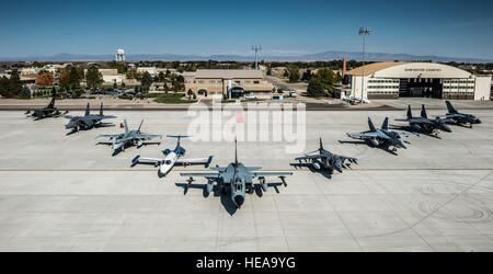 Von der linken Seite sitzen eine deutsche Luftwaffe AG-51 Tornado, Republik Singapur F-15SG Royal Canadian Air Force CF-18 Hornet, GAF LearJet, GAF Tornado, US Marines Harrier, US Navy EA - 18 G Growler, US Air Force F-15E Strike Eagle und ein weiteres GAF Tornado in eine statische Anzeige Formation 9. Oktober 2013, in Mountain Home Air Force Base, Idaho. Diese Düsen und ihre Besatzungen waren Teil der Berg-Roundup-Übung.  Techn. Sgt. Samuel Morse Stockfoto