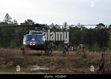 US-Armee Soldaten mit dem 328. Combat Support Hospital Transport Ted, ein Labrador Retriever und Bombe Spezialist, 550. militärischer Arbeitshund Ablösung, Fort Bragg, N.C., aus einem HH - 60L Black Hawk Hubschrauber zum Tierarzt zur Behandlung von simulierten gebrochen gebrochenen Beinen, Joint Readiness Training Center, Fort Polk, Louisiana, 23. Februar 2013. Service-Mitglieder am JRTC 13 / 04 sind in Bekämpfung Patientenversorgung und aeromedical Evakuierung in einer simulierten Kampf Umgebung ausgebildet.  Techn. Sgt. Francisco V. Govea II / veröffentlicht) Stockfoto