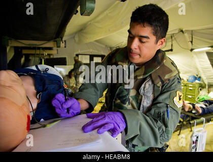 US Air Force Captain Ray Mamuad, klinische Krankenschwester aus der 18. Aeromedical Evakuierung Squadron, Kadena Air Base, Okinawa, Japan, Dokumente einer Simulationspatienten Erkrankung und Behandlung während eines Feldes auf die gemeinsame Readiness Training Center (JRTC), Fort Polk, Louisiana, 16. März 2014 ausüben. Service-Mitglieder am JRTC 14-05 sind in Bekämpfung Patientenversorgung und aeromedical Evakuierung in einer simulierten Kampf Umgebung ausgebildet.  Staff Sgt Joseph Araiza Stockfoto