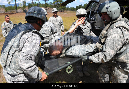 Mitglieder der Joint Task Force Bravo der gemeinsamen Sicherheit Kräfte Squadron und 1-228. Aviation Regiment Extrakt einer simulierten Aircrew Mitglied von einem UH-60 Black Hawk Hubschrauber während ein Mitarbeiter verletzt und abgestürzten Flugzeugen Erholung Übung in Honduras, 4. Februar 2014. Der Zweck der Übung war, die Einheit Fähigkeit, sofort eine Personal-Erholung im Falle ein abgestürztes Flugzeug unterstützen zu validieren.  Capt Zach Anderson) Stockfoto