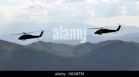 Ein paar der UH-60 Black Hawk Hubschrauber, Joint Task Force-Bravo 1-228. Aviation Regiment Kreuzfahrt über die honduranische Landschaft, 12. Februar 2014 zugewiesen. Die beiden Flugzeuge waren eine Delegation von mehreren US-Transport und honduranische unterschieden Besucher, einschließlich US Marine Corps General John F. Kelly, Commander, US Southern Command und US-Botschafter in Honduras Lisa Kubiske, Besuche in mehreren honduranischen Militäreinrichtungen im ganzen Land.  Capt Zach Anderson) Stockfoto