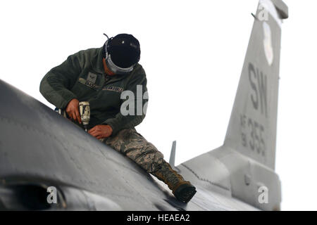 US Air Force Senior Airman Trinity Diaz, 20. Aircraft Maintenance Squadron Motorenspezialist nimmt ein Panel aus einer F - 16CM Fighting Falcon Shaw Air Force Base, S.C., 13. Januar 2015. Diaz gearbeitet, um das Flugzeug zu reparieren sicherstellen, dass es während der fünftägigen Welle von flugbereit war Tag und Nacht Betrieb erweitert.  Senior Airman Jensen Stidham Stockfoto