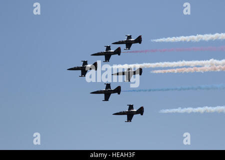 Teammitglieder Patrioten Jet fliegen in Formation über die Flug-Linie im März Air Reserve Base während der 2016 März Feld AirFest am 16. April 2016. Das größte zivile-prozentige Kunstflug Jet Team mit Sitz in Byron, Kalifornien, hat in mehr als 1500 Airshows durchgeführt und umfasst ehemalige Mitglieder der US Air Force Thunderbirds, US Navy Blue Angels und der Royal Canadian Air Force Snowbirds.     Senior Airman Russell S. McMillan) Stockfoto