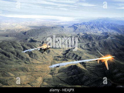 Eine zwei-Schiff der B-1 b Lancer zugewiesen 28. Bomb Squadron, Dyess Air Force Base, Texas, Release Spreu und Aufflackern beim Manövrieren über New Mexiko während einer Trainingsmission 24. Februar 2010. Dyess feiert das 25-jährige Jubiläum der erste B-1 Bomber an der Basis ankommen.  Master Sergeant Kevin J. Grünwald) Stockfoto