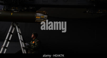 US Air Force Captain Zachary Proano, 23. Bomb Squadron Radar Navigator, prüft ein Cluster Bomb Unit 103 auf eine B - 52H Stratofortress Minot Air Force Base, N.D., 11. Februar 2014. The b-52 ist in der Lage ist, fliegen bei hoher Unterschallgeschwindigkeit in Höhen bis zu 50.000 Fuß. Es kann eine Vielzahl von einschließlich nuklearer Waffen tragen und Präzision konventionelle Munition mit weltweit Präzision Navigation Funktion geführt.  Staff Sgt Jonathan Snyder /) Stockfoto