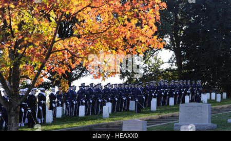 Die US Air Force und Navy Honor Guard Drill Team aussprechen, pensionierter General David C. Jones wie er zur Ruhe gelegt 25. Oktober 2013, am Nationalfriedhof Arlington, VA. Jones diente vier Jahre als Chef des Stabes der Luftwaffe von 1974 bis 1978 als Vorsitzender der Joint Chiefs Of Staff, 21.Juni ernannt , 1978. Als Vorsitzender diente er als militärische Berater des Präsidenten, des nationalen Sicherheitsrates und der Secretary Of Defense.  Während des Koreakrieges wurde Jones eine Bombardierung Geschwader zugewiesen wo er mehr als 300 Flugstunden auf Missionen über North Kore absolviert Stockfoto