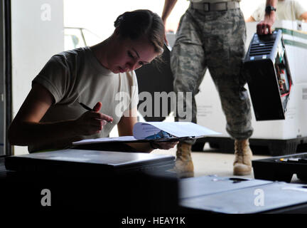 Flieger 1. Klasse Heather O'Donnell, 332. Expeditionary Air Wing Grundausstattung Control Officer, nimmt Bestandsaufnahme aller stellte sich in Computer Hardware bei Joint Base Balad, Irak, 15. Oktober 2011. JB Balad hat Einheiten zerlegt, gedreht in Ausrüstung und Dienstleistungen für den Übergang von der Basis an die irakische Regierung Herunterfahren. O' Donnell von der Royal Air Force Lakenheath bereitgestellt wird und ist von Eugene, Oregon/USA Stockfoto