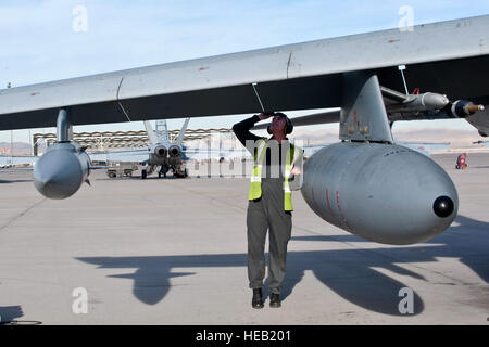 Royal Air Force Senior Air Handwerker Josh Dales, IX (B) Squadron Wartung Flugzeugmechaniker, von RAF Marham, Vereinigtes Königreich, führt nach dem Flug Überprüfungen während rote Fahne 14-1 Jan. 27, 2014 bei Nellis Air Force Base, Nevada Flugzeuge und Personal auf Nellis für rote Fahne unter dem Begriff Air Expeditionary Force bereitstellen und die Ausübung blaue Kräfte bilden.  Senior Airman Matthew Lancaster) Stockfoto