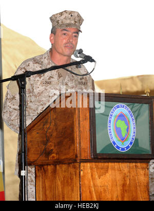 110519-F-XM360-241 CAMP LEMONIER, Dschibuti (19. Mai 2011) - U.S. Navy Rear Admiral Brian L. Losey spricht das Publikum zum letzten Mal als kombiniert Joint Task Force-Horn von Afrika Kommandant nach Verzicht auf die Rolle einer Veränderung der Befehl Zeremonie, Konteradmiral Michael T. Franken Mai 19. Hinterer Admiral Brian Losey bekleidete die Position von März 2010 bis Mai 2011.   Master Sergeant Dawn M. Preis) Stockfoto