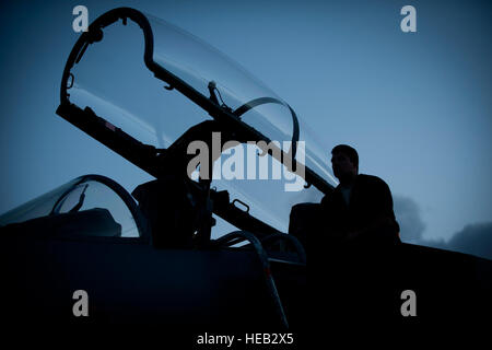 Staff Sgt Jake Perez, ein F-15E Strike Eagle Crewchief von 366. Aircraft Maintenance Squadron von Mountain Home Air Force Base, Idaho, führt Vorflugkontrollen vor seiner zugewiesenen Flugzeuge Köpfe für eine Nacht Ausbildungsmission während rote Fahne 14-1 an Nellis AFB, Nevada, 30. Januar 2014. Die Einführung von Niedrigsicht Bedingungen präsentiert Besatzungen mit einer Reihe von Herausforderungen, die ihre Fähigkeit zur Durchführung der Mission jederzeit testen; Tages-und Nachtzeit.  Airman 1st Class Joshua Kleinholz) Stockfoto