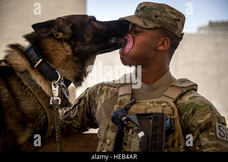 US Air Force Staff Sgt Mark Bush, 386th Expeditionary Sicherheit Kräfte Squadron militärischer Arbeitshund Handler wird liebevoll von seinem Hund, Xarius, 3. Juni 2014 an einem unbekannten Ort im Südwesten Asien leckte. Bush wird bereitgestellt vom 28. Sicherheit Kräfte Squadron in Ellsworth Air Force Base, South Dakota Operation Enduring Freedom. Bush stammt aus Chicago, Illinois.  Staff Sgt. Jeremy Bowcock) Stockfoto