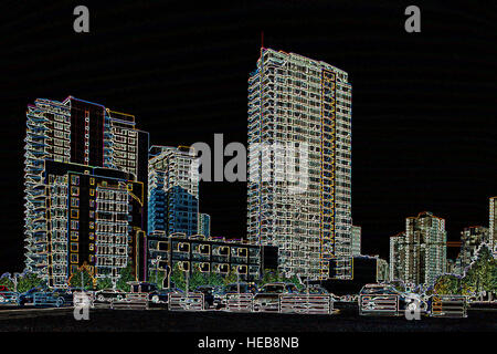 Hochhäuser - digital manipulierte Bild mit leuchtenden Kanten, abstrakte Stadtbild und Architektur auf einem schwarzen Hintergrund Stockfoto