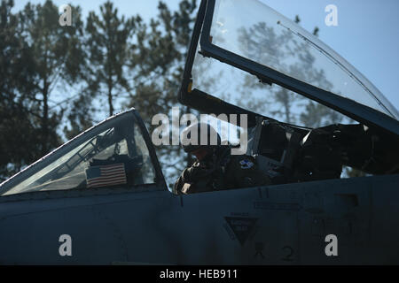 MONTE REAL, Portugal – A US-Pilot aus der 81. Jagdstaffel bereitet Start in seiner a-10 Thunderbolt II-Flugzeuge in Monte Real, Portugal, 14. Februar 2013. Neben amerikanischen und portugiesischen Truppen gehören internationale Kräfte Niederlande, das Vereinigte Königreich und die NATO.  Staff Sgt Nathanael Callon Stockfoto