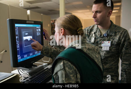 Armee Capt Kolleen Nellett, gemeinsame Basis McGuire-Dix-Lakehurst Veterinary Services Branch chief und Air Force Staff Sgt. Joseph Evans, 87. Medical Group-Radiologie-Technologe, anzeigen eine Röntgenaufnahme von Brix, ein militärischer Arbeitshund, in der Radiologie-Klinik auf gemeinsamer Basis McGuire-Dix-Lakehurst, New Jersey, 9. Februar 2015 genommen. Brix bekommt Röntgenstrahlen durch eine Bedingung genannt chronische Lahmheit, die ihm im Ruhestand verursachen könnte.  Joshua D. King / veröffentlicht) Stockfoto