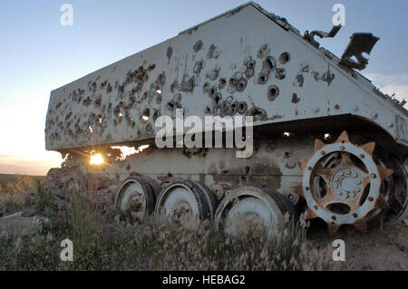 Als Gunnery Ziel nächster Kanone in der Nähe von Fort Leonard Wood, Mo. verwendet, ist dieses gepanzerte Mannschaftswagen wiederholt von 30 mm Kugeln aus der 442nd Kämpfer-Flügel A-10s getroffen worden. Kanone Range, ausgeführt von der Missouri Air National Guard, ist entscheidend für die Ausbildung des Flügels a-10 Piloten, als auch Piloten aus anderen Air Force Reserve Command, Air National Guard und regelmäßige Air Force Einheiten über dem Land. Generalmajor David Kurle) Stockfoto