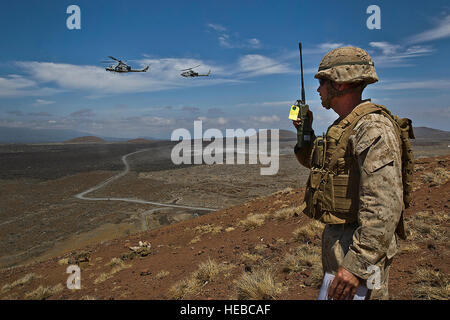 US-Marines Corps Capt Rob "Big Nasty" Gambrell eine gemeinsame Terminal Angriff Controller vom 1. Bataillon, 3. Marine Regiment, Marine Corps Base Hawaii, Kaneohe Bay verwendet einen Radio zu rufen Zielinformationen zu einem Marine-UH-1Y Venom und einer AH-1W Super Cobra von Marine Licht Angriff Hubschrauber-Geschwader 169 (HMLA-169) während einer Luftnahunterstützung Rand des Pazifik (RIMPAC) Übung 2012 live Feuer bekämpfen Ausbildungsmission 23.Juli , über den Pohakuloa Trainingsbereich (PTA) Hawaii 2012. HMLA-169 gehört das Aviation combat Element Special-Purpose Marine Air-Ground Task Force 3. Zweiundzwanzig Nationen Stockfoto