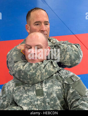 Generalmajor Michael H. Shields, Kommandierender general der US Army Alaska, zeigt einen Würgegriff auf Kapitän Michael Domovich, Kommandant, 545 Military Police Company, während des körperlichen Trainings an der Arctic Warrior Combatives Akademie auf gemeinsamer Basis Elmendorf-Richardson, Alaska, 12. März 2015. Schilde führte die PT-Sitzung als Gelegenheit zur Interaktion mit seiner Firma-Kommandanten, vermitteln Orientierung und beruflichen Entwicklung zu fördern. (U.S. Air Force Photo von Alejandro Pena) Stockfoto