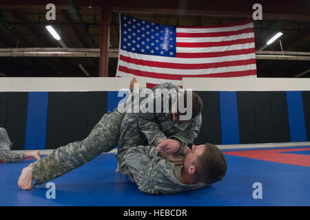 US Army Alaska Unternehmenspraxis Kommandanten Boden Kampftechniken an der Arctic Warrior Combatives Akademie auf gemeinsamer Basis Elmendorf-Richardson, Alaska, 12. März 2015. Generalmajor Michael H. Shields, Kommandierender general der USARAK, führte das körperliche Training als Gelegenheit zur Interaktion mit seinem Führer, vermitteln Orientierung und beruflichen Entwicklung zu fördern. (U.S. Air Force Photo von Alejandro Pena) Stockfoto