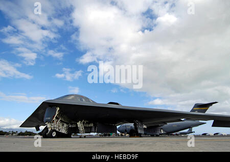 Ein b-2 Spirit Stealth Bomber parkt auf der Rampe 12 Februar auf Hickam Air Force Base, Hawaii. Die Bomber wird derzeit auf Andersen Air Force Base, Guam, als Teil der US Pacific Command kontinuierliche Bomber Präsenz bereitgestellt. Das Flugzeug und rund 280 Mitarbeiter sind von Whiteman Air Force Base, Missouri (U.S. Air Force Photo/techn. Sgt. Shane A. Cuomo) Stockfoto