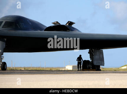 Airman 1st Class Aaron Goodloe, 36. Expeditionary Wartung Geschwader Crewchief, bereitet sich auf eine b-2 Spirit nach eine Besatzung Swap 12 März während des Trainings Polar Lightning laufendem Motor zu starten.  Polar Lightning, geflogen von Andersen Air Force Base, Guam, wurde entwickelt, um sorgen für die Bomberpiloten in langer Dauer Missionen erleben.  B-2 Geister sind hier von Whiteman AFB, Mo im Rahmen einer regelmäßigen Air Expeditionary Force Drehung auf den Pazifik eingesetzt. (Foto: U.S. Air Force Senior Airman Ryan Whitney) Stockfoto