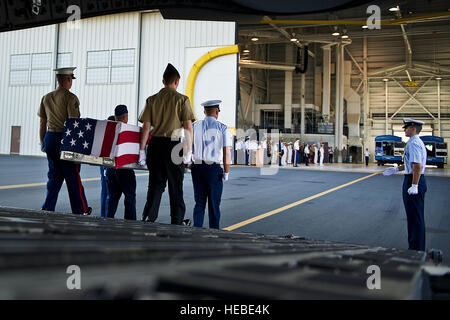 Ein Ehren-Detail setzt sich aus gemeinsamen militärischen Mitgliedern begleitet einen Fahne drapiert Verteilergetriebe aus eine US Luftwaffe c-17 Globemaster III während der US-gemeinsame POW/MIA Accounting Command Ankunft Zeremonie, 30. November 2012, am gemeinsamen Basis Pearl Harbor-Hickam. Die US-Soldaten, deren Identität unbekannt bleiben, werden JPAC Identifikation-Zentrallabor für Analysen transportiert. Die Überreste erhaltende vollen militärische Ehren Verluste im Zusammenhang mit dem zweiten Weltkrieg und der Vietnamkrieg vertreten sind von den letzten JPAC Erholung Vertretungen in Kiribati, Vanuatu, Papua Neuguinea, Deutschland, Belgien, Frankreich, Kanada und Vi Stockfoto