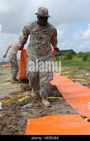 Soldaten mit der Louisiana National Guard 1023rd vertikale Ingenieurbüro, 528th Pionierbataillon Falten ineinandergreifenden Rohre für die Tiger Dam Abzweigung Wassersystem, 20 Mai, in der Nähe der südwestlichen Pass des Mississippi River Delta. Die 1023rd VEC baut eine 7,1 Meilen Barriere verhindern, dass mögliche Öl kommen in den Feuchtgebieten. Stockfoto